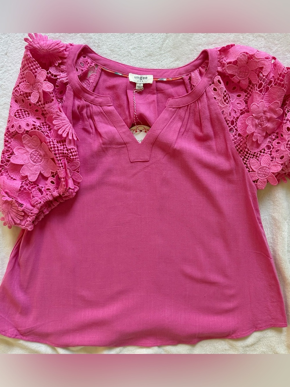 Umgee Bright Pink Top with Lace Sleeves and 3 Dimensional Floral Details